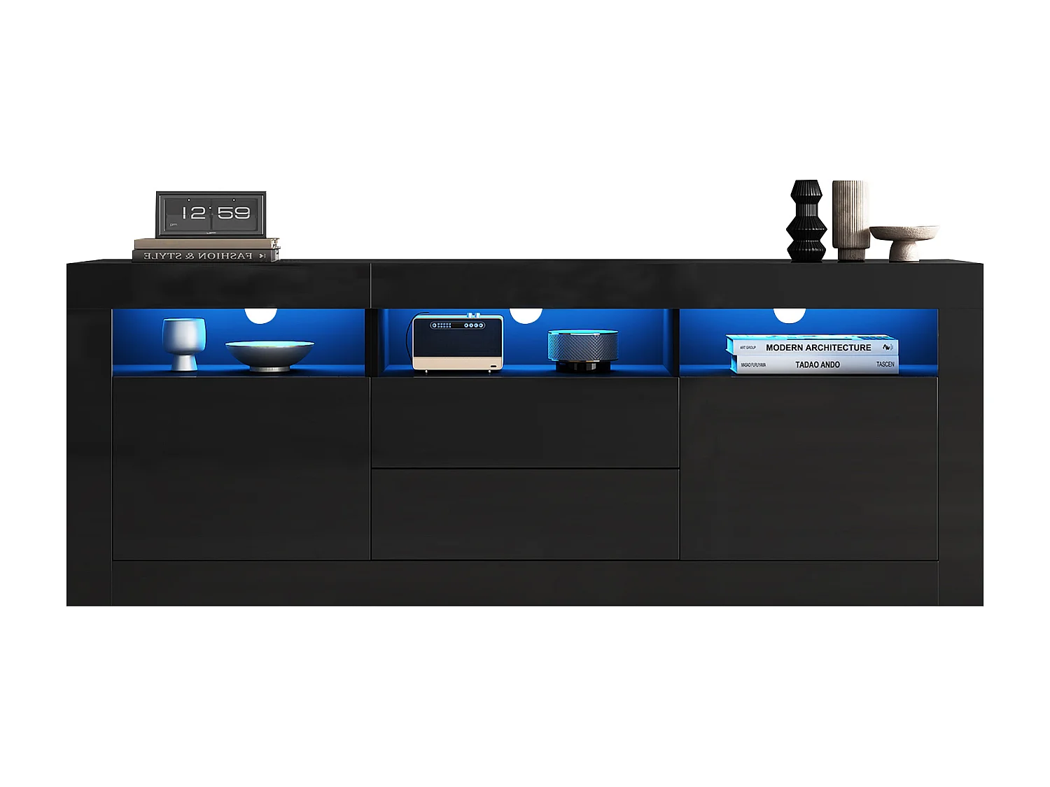 Meuble TV 160cm adapté pour TV 70" - avec LED - 2 portes 2 tiroirs 3 compartiments ouverts - Noir