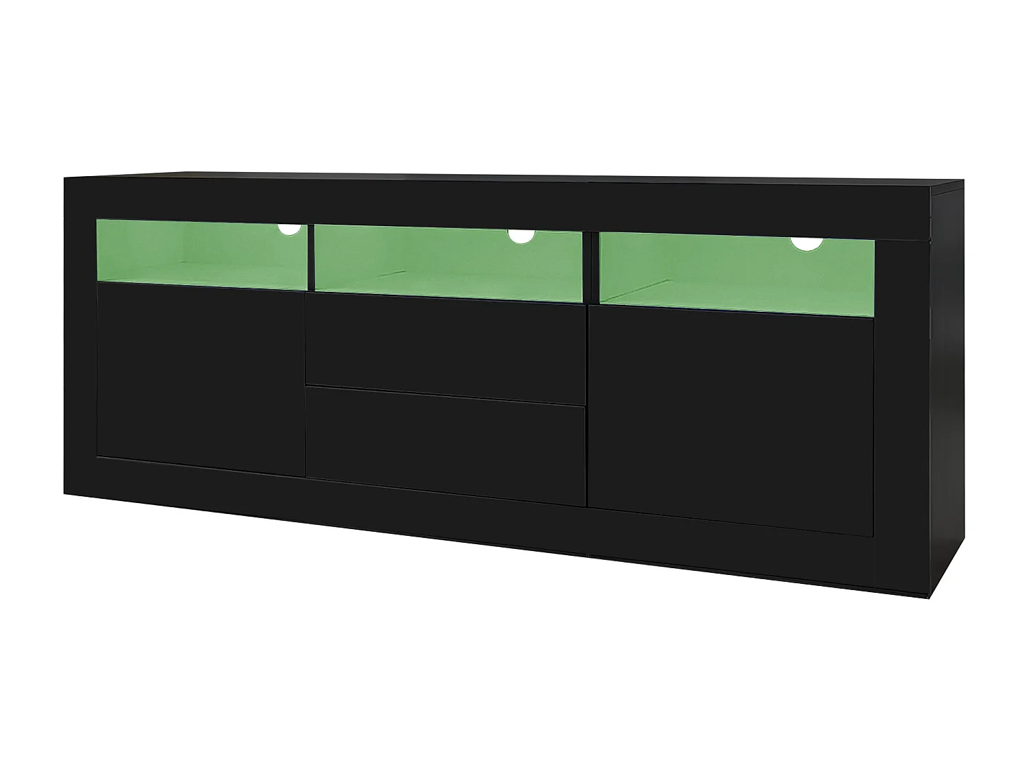 Meuble TV 160cm adapté pour TV 70" - avec LED - 2 portes 2 tiroirs 3 compartiments ouverts - Noir