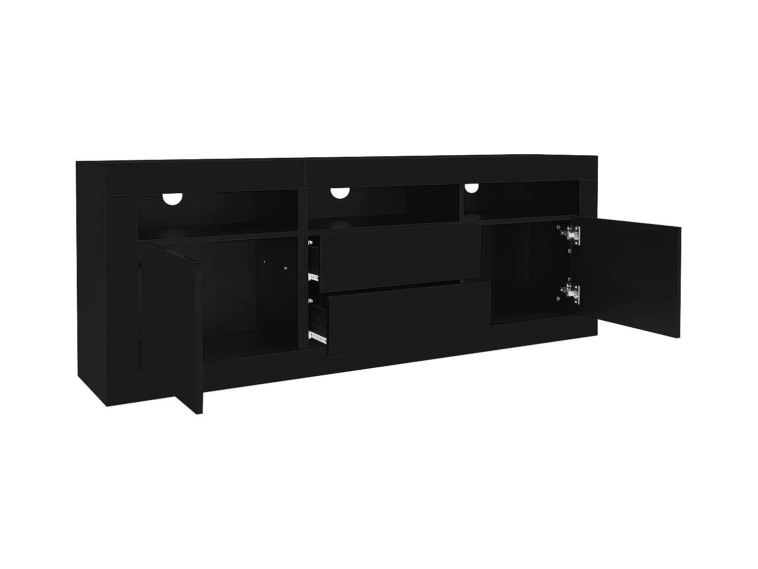 Meuble TV 160cm adapté pour TV 70" - avec LED - 2 portes 2 tiroirs 3 compartiments ouverts - Noir