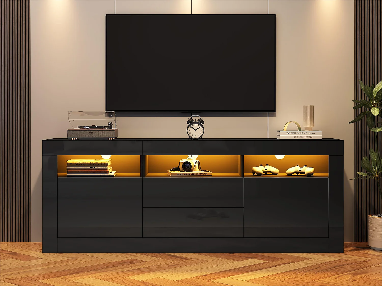 Meuble TV 160cm adapté pour TV 70" - avec LED - 2 portes 2 tiroirs 3 compartiments ouverts - Noir