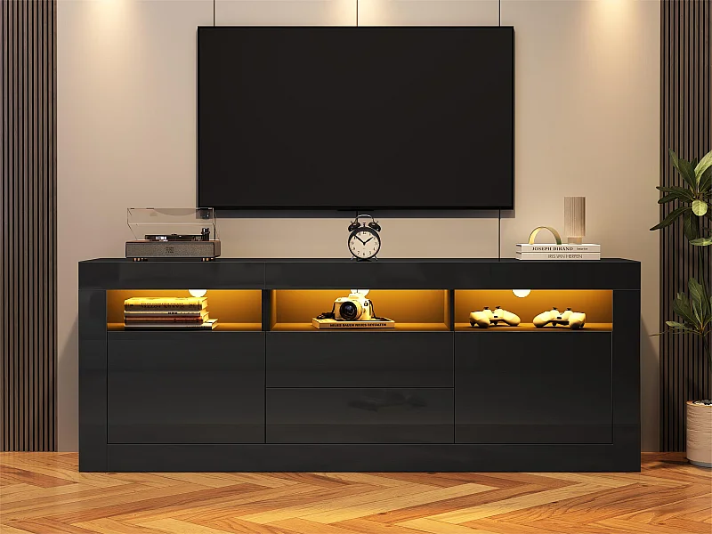 Meuble TV 160cm adapté pour TV 70" - avec LED - 2 portes 2 tiroirs 3 compartiments ouverts - Noir