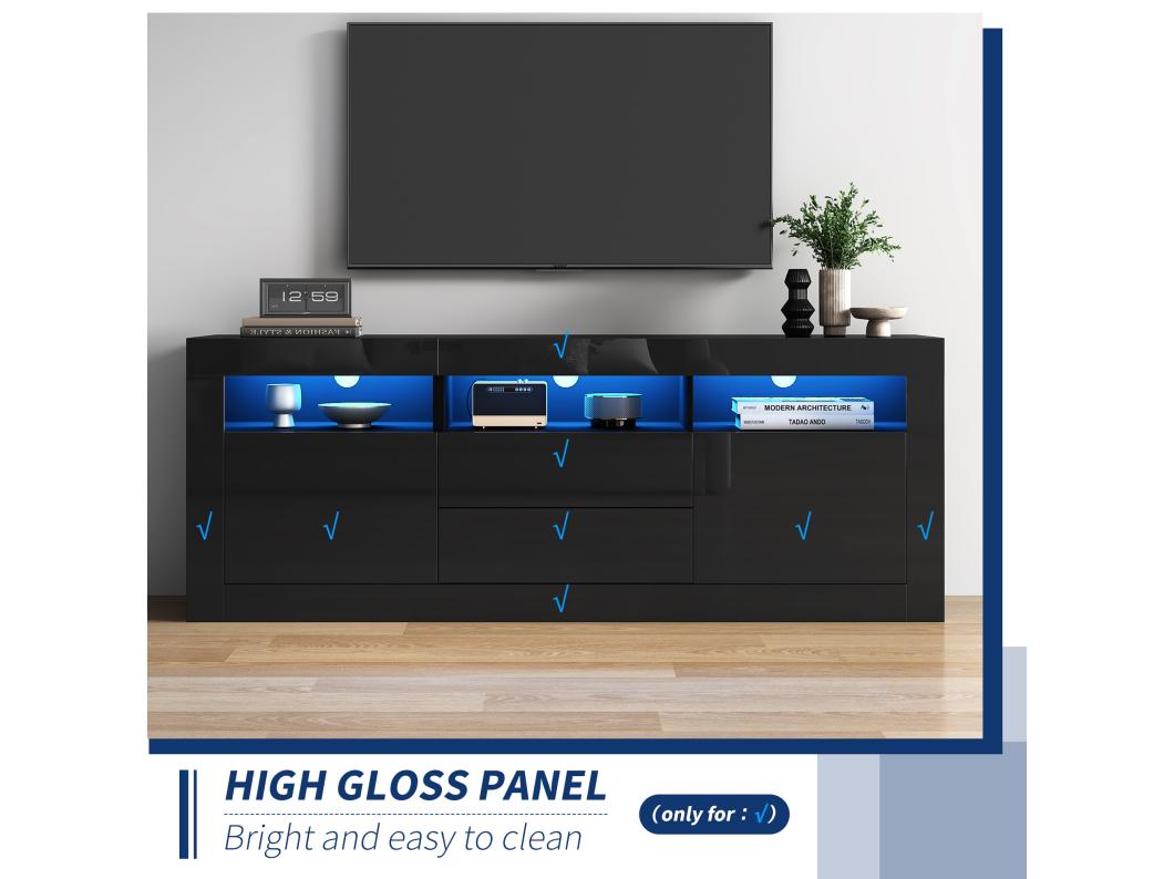 TV-meubel 160cm geschikt voor 70" TV - met LED - 2 deuren 2 lades 3 open vakken - Zwart