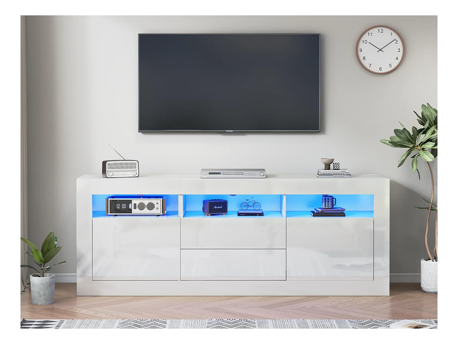 Meuble TV 160cm adapté pour TV 70" - avec LED - 2 portes 2 tiroirs 3 compartiments ouverts - Blanc