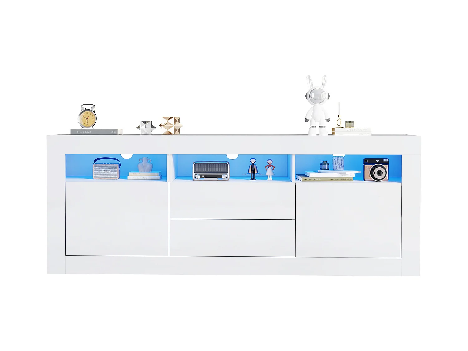 Meuble TV 160cm adapté pour TV 70" - avec LED - 2 portes 2 tiroirs 3 compartiments ouverts - Blanc