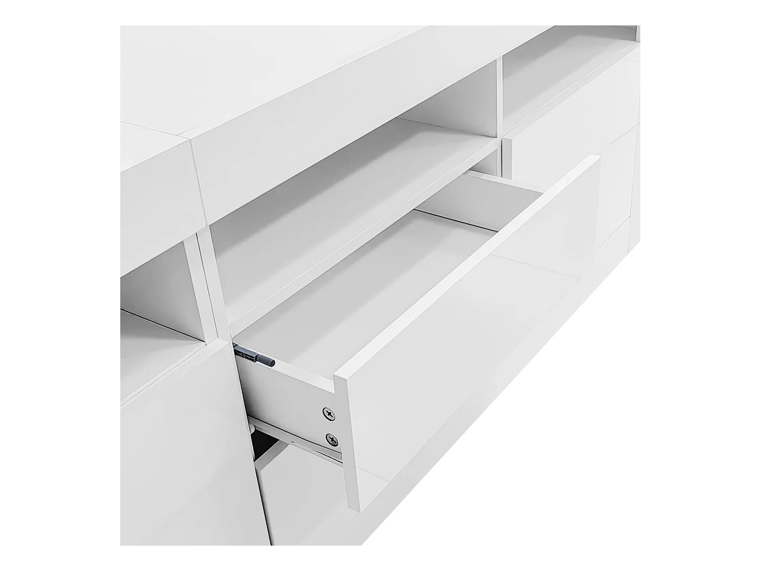 Meuble TV 160cm adapté pour TV 70" - avec LED - 2 portes 2 tiroirs 3 compartiments ouverts - Blanc