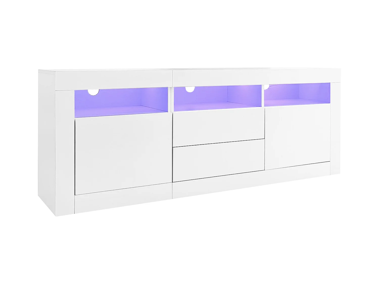 Meuble TV 160cm adapté pour TV 70" - avec LED - 2 portes 2 tiroirs 3 compartiments ouverts - Blanc