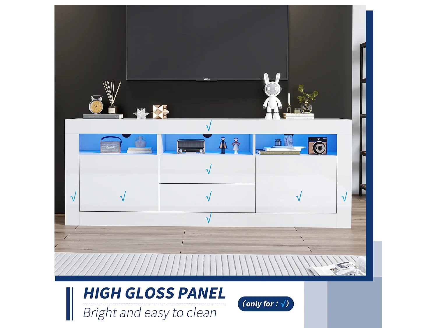 Meuble TV 160cm adapté pour TV 70" - avec LED - 2 portes 2 tiroirs 3 compartiments ouverts - Blanc