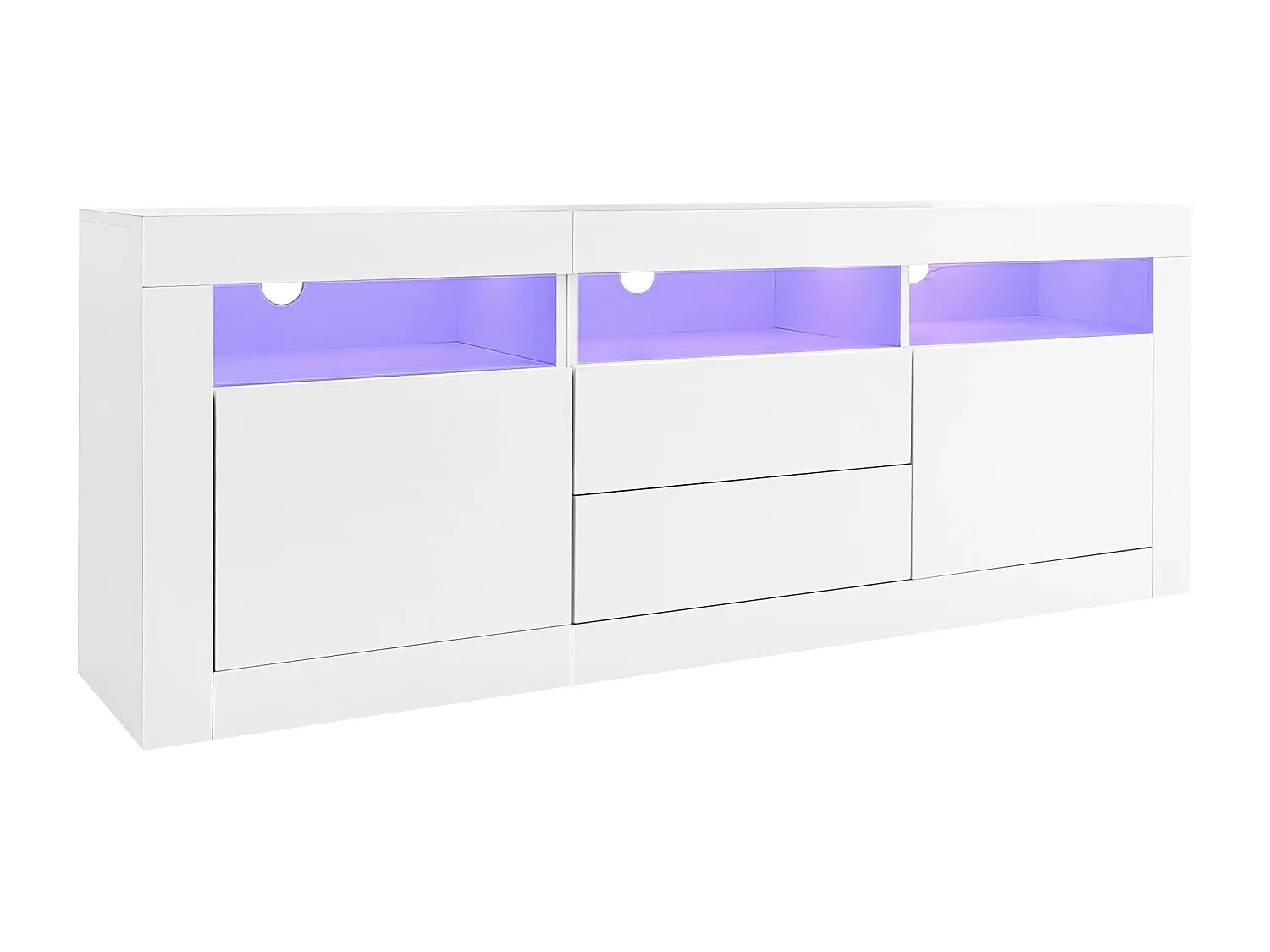 Meuble TV 160cm adapté pour TV 70" - avec LED - 2 portes 2 tiroirs 3 compartiments ouverts - Blanc