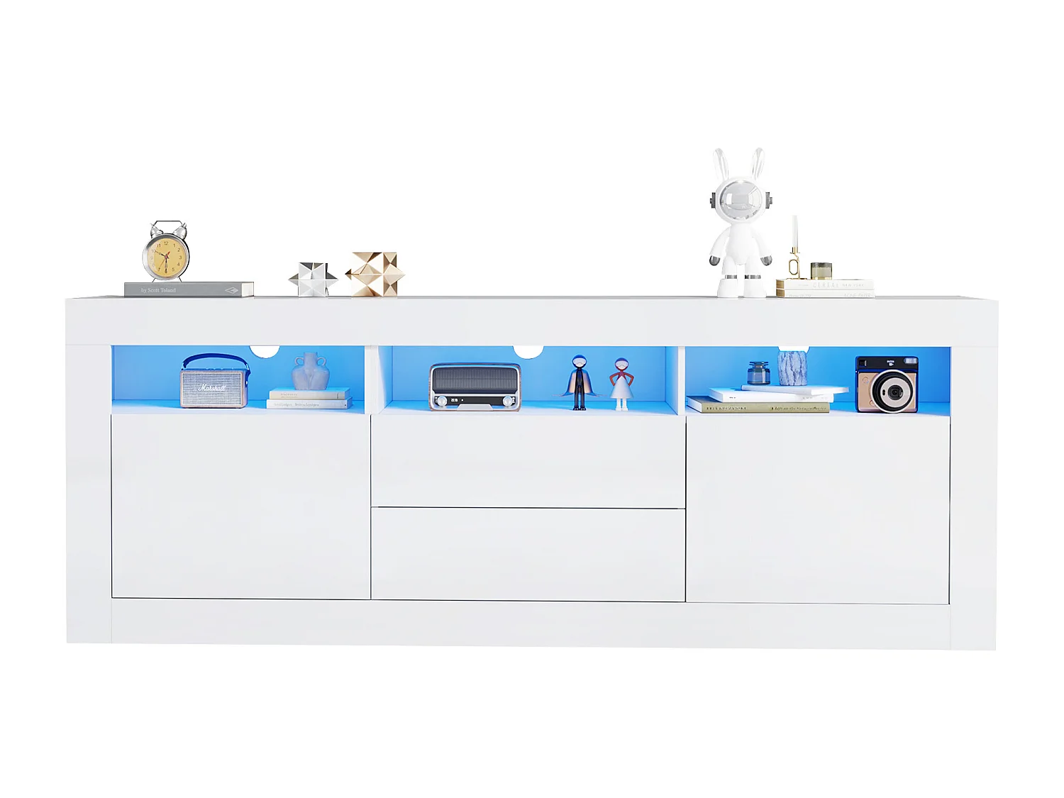 Meuble TV 160cm adapté pour TV 70" - avec LED - 2 portes 2 tiroirs 3 compartiments ouverts - Blanc