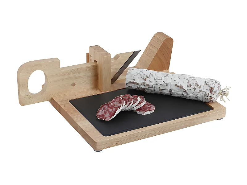 Guillotine à saucisson en bois avec plateau ardoise
