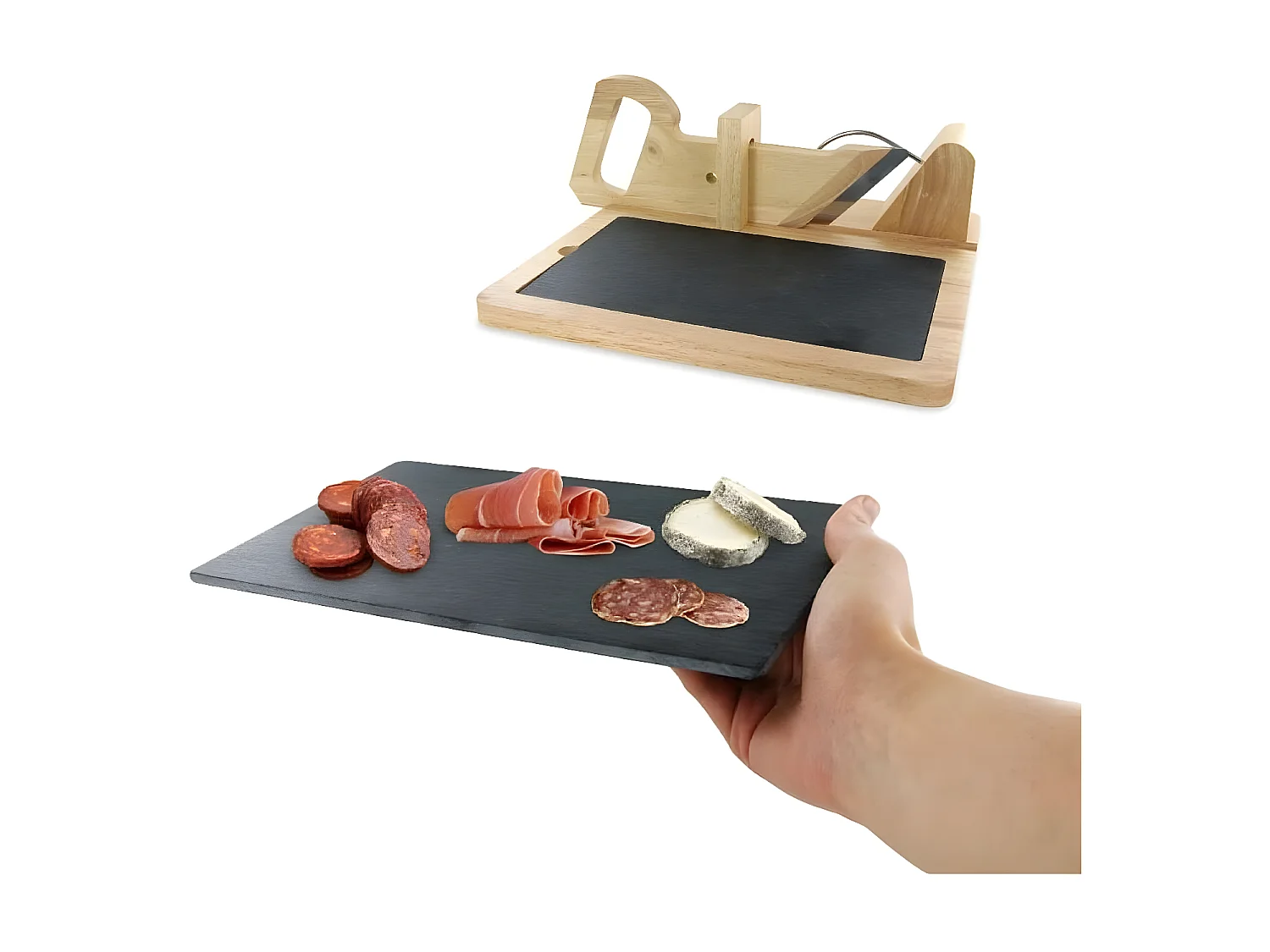 Guillotine à saucisson en bois avec plateau ardoise