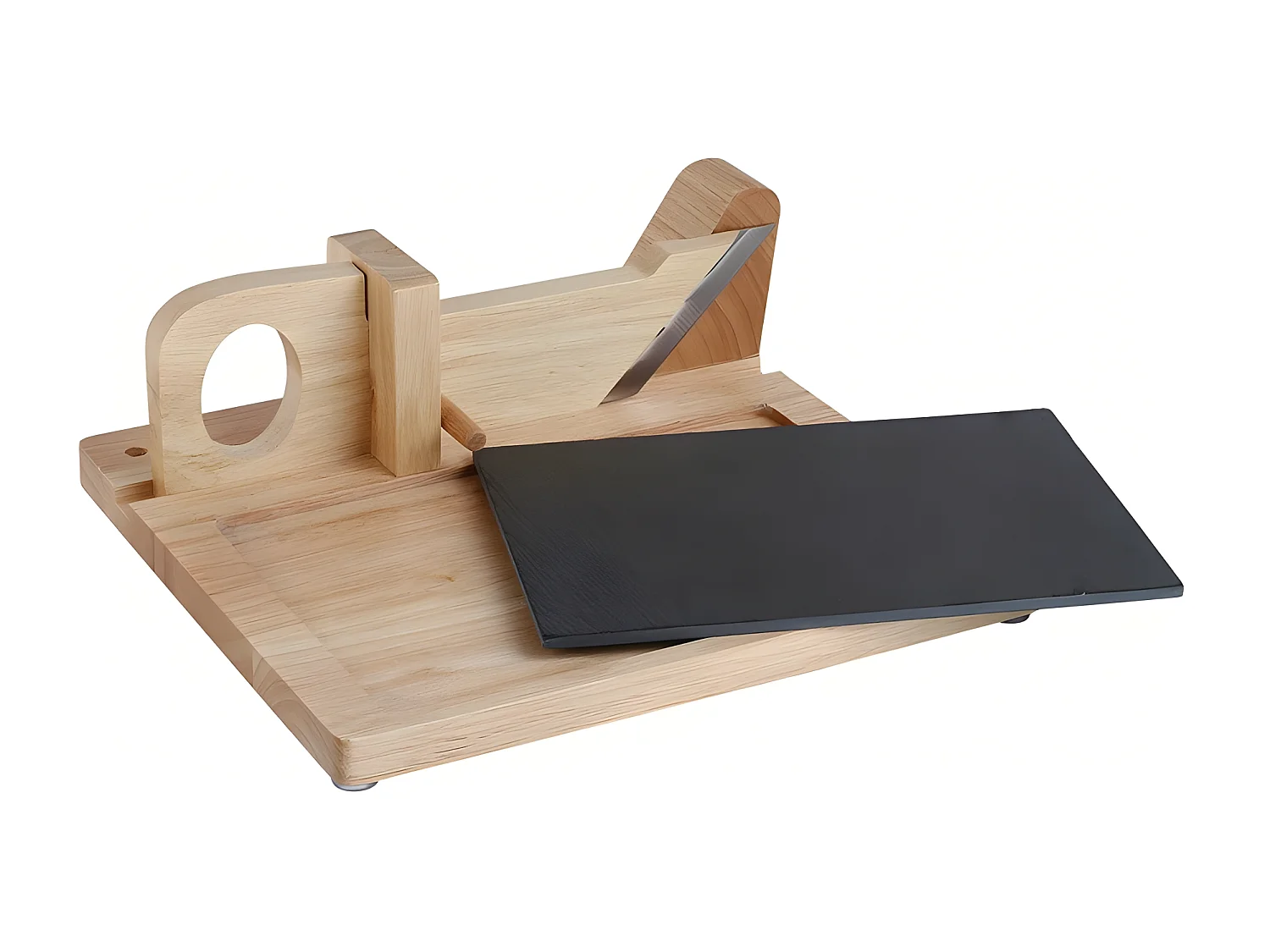 Guillotine à saucisson en bois avec plateau ardoise