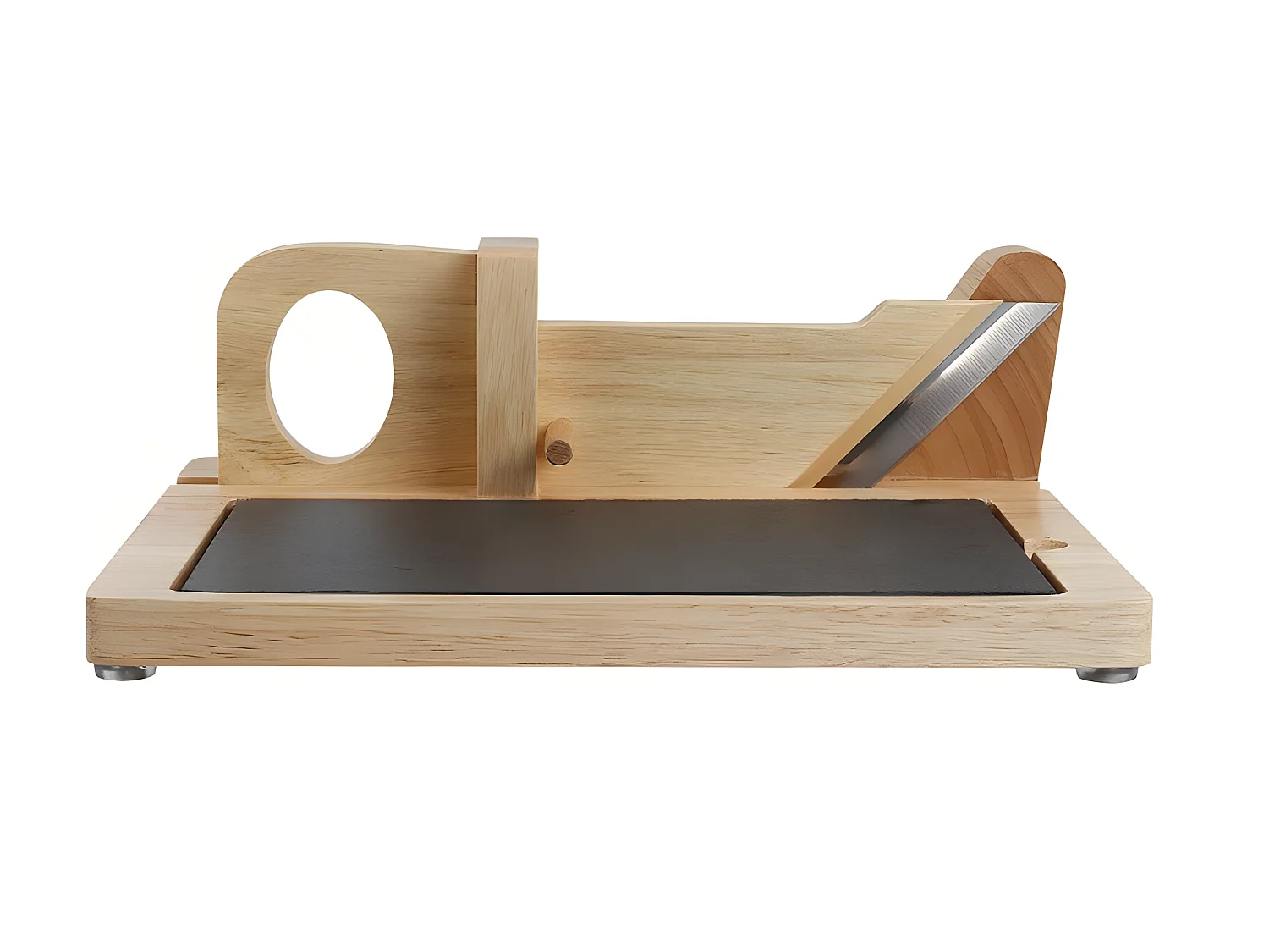 Guillotine à saucisson en bois avec plateau ardoise