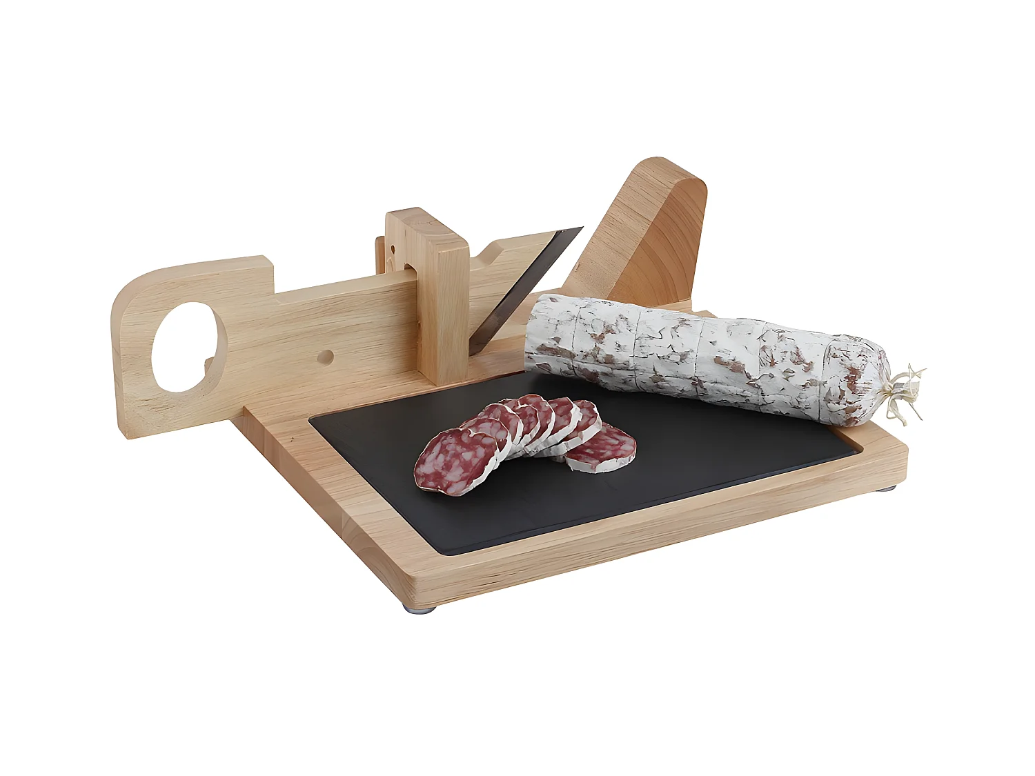 Guillotine à saucisson en bois avec plateau ardoise