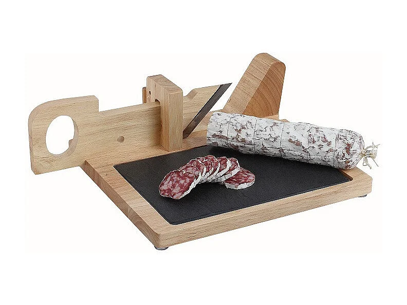 Guillotine à saucisson en bois avec plateau ardoise