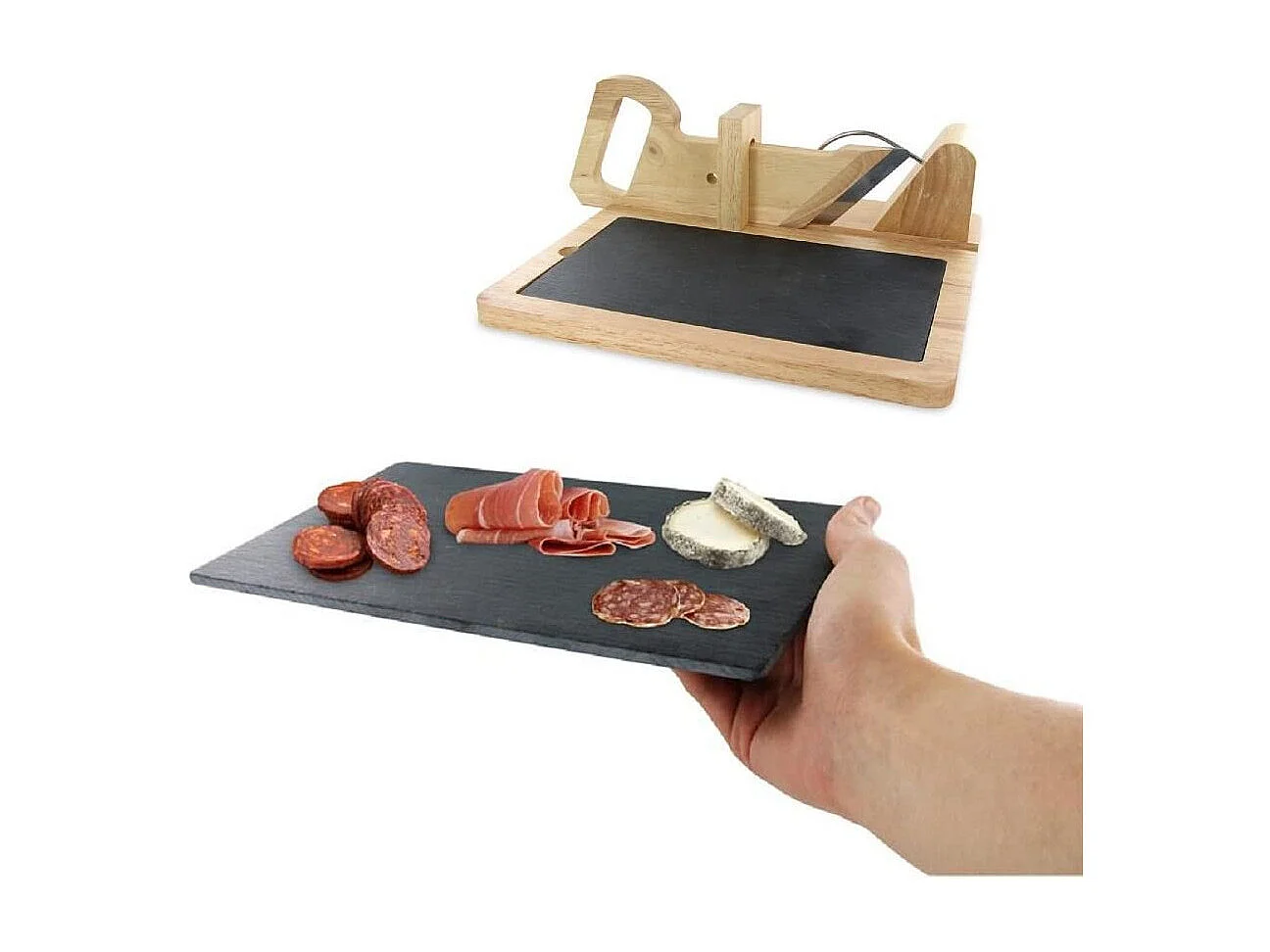 Guillotine à saucisson en bois avec plateau ardoise