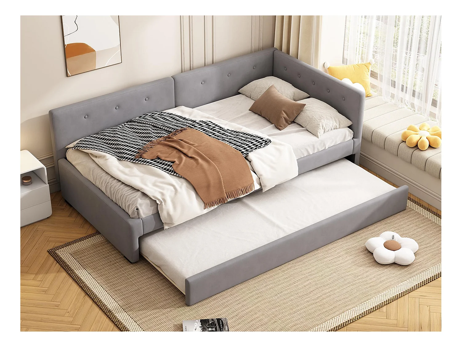 Lit banquette rembourré en velours 90x200cm + un lit gigogne 90x190cm - Gris