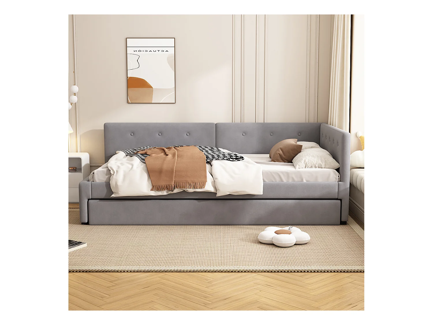 Fluweel gestoffeerde slaapbank 90x200cm + een onderschuifbed 90x190cm - Grijs