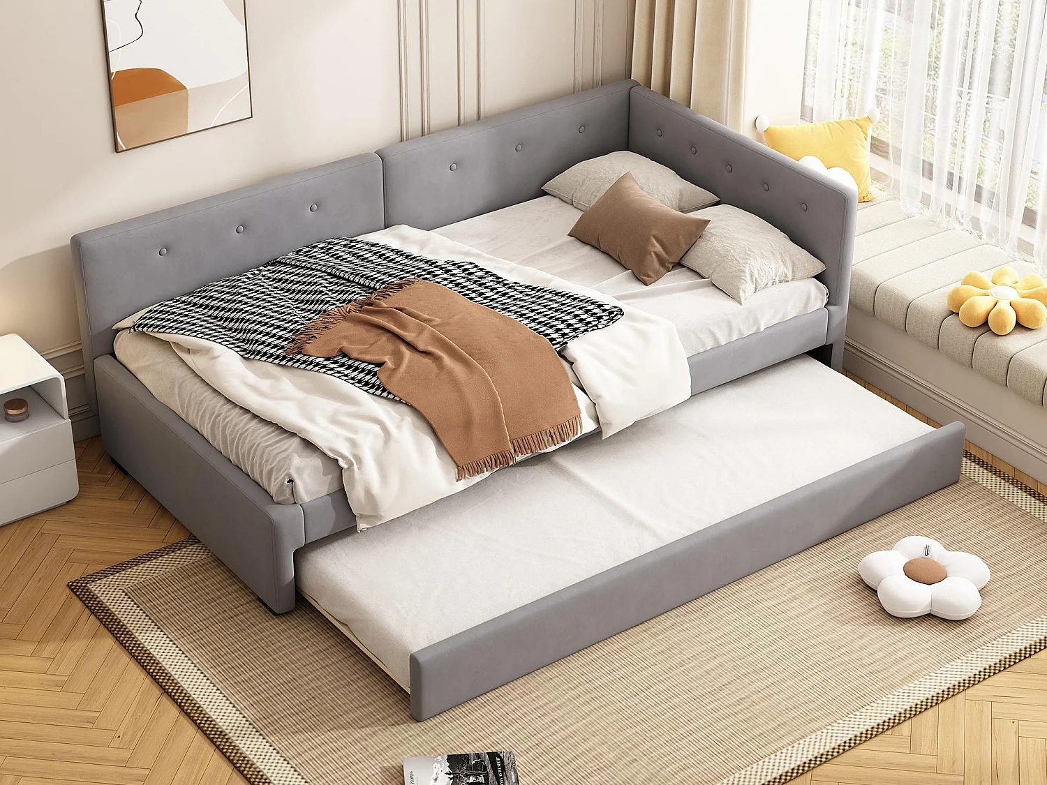 Fluweel gestoffeerde slaapbank 90x200cm + een onderschuifbed 90x190cm - Grijs