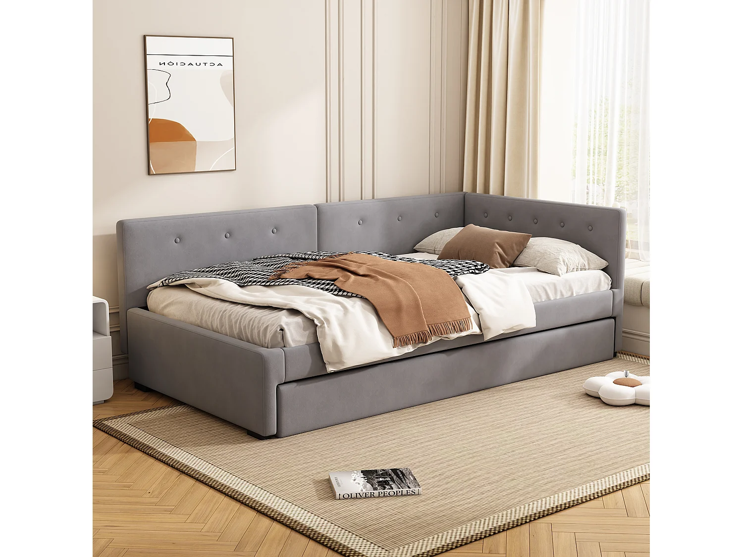 Fluweel gestoffeerde slaapbank 90x200cm + een onderschuifbed 90x190cm - Grijs