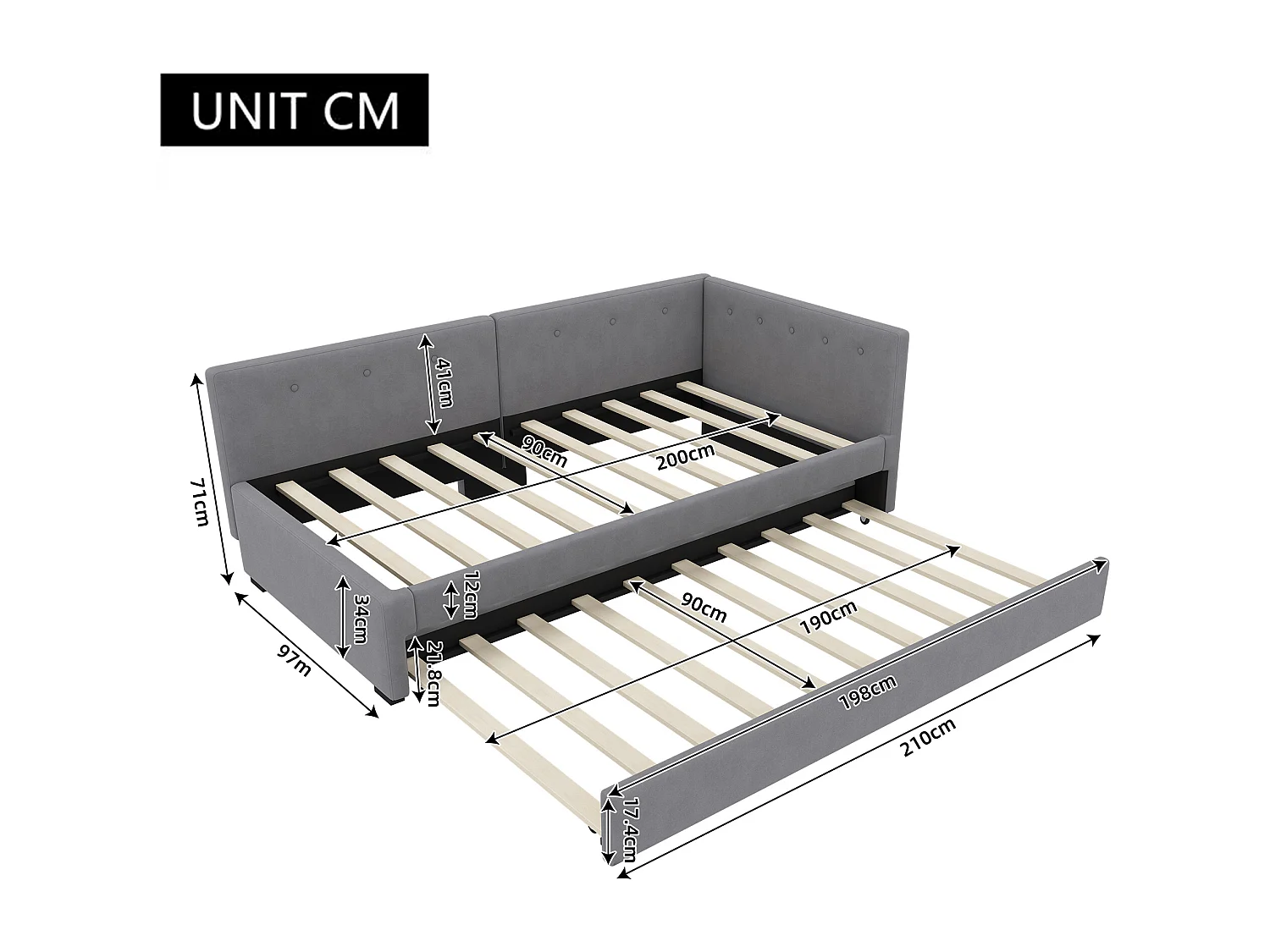 Fluweel gestoffeerde slaapbank 90x200cm + een onderschuifbed 90x190cm - Grijs