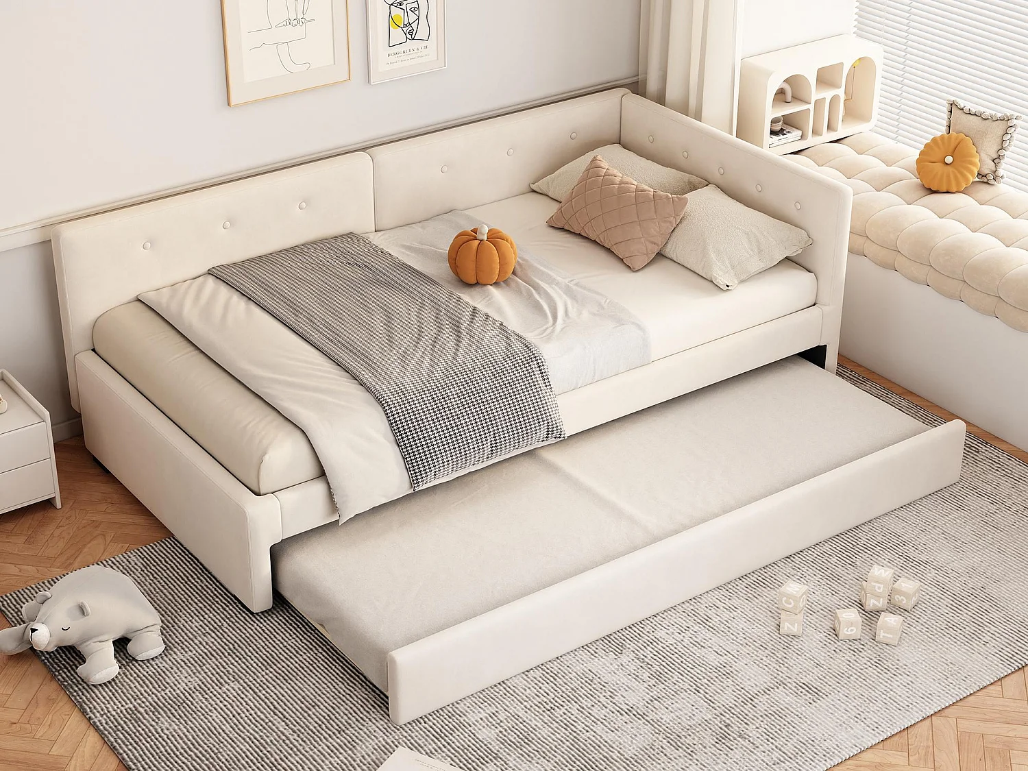 Mit Samt gepolstertes Schlafsofa 90 x 200 cm + ein Ausziehbett 90 x 190 cm – Beige