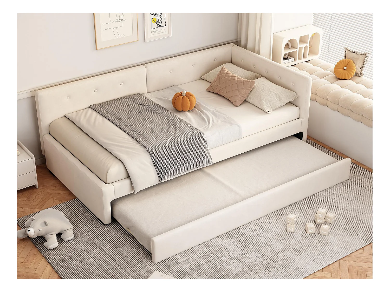 Lit banquette rembourré en velours 90x200cm + un lit gigogne 90x190cm - Beige