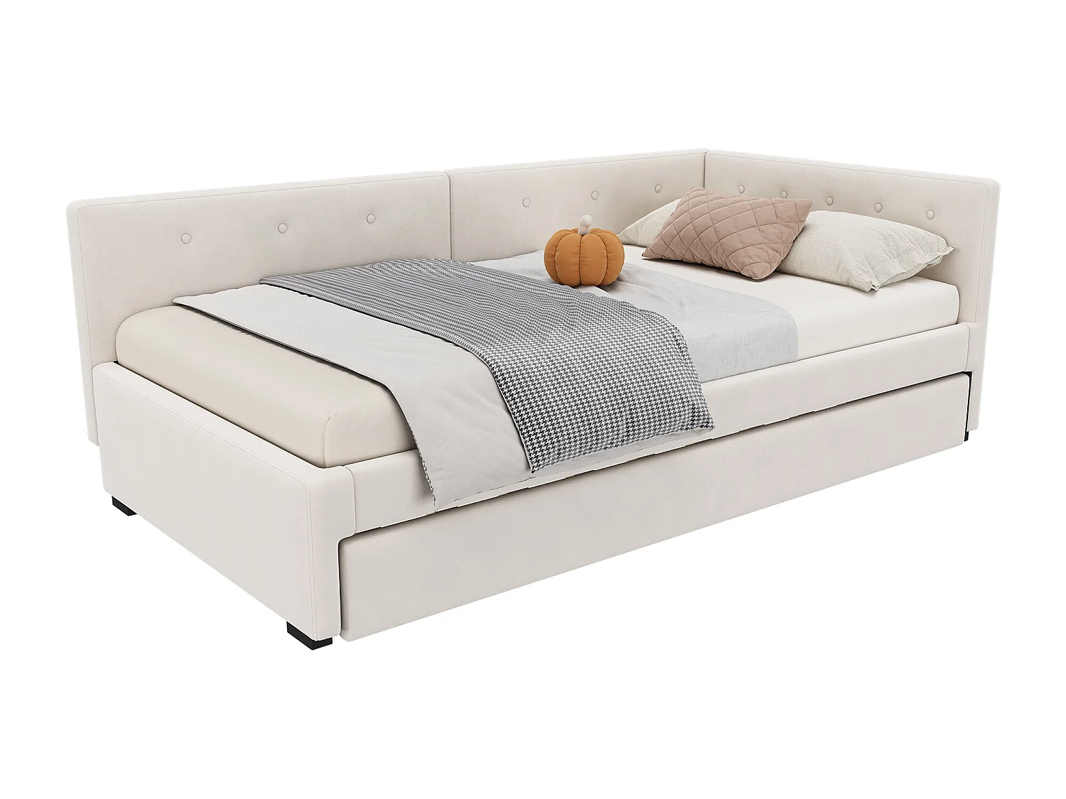 Lit banquette rembourré en velours 90x200cm + un lit gigogne 90x190cm - Beige