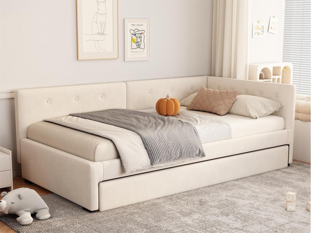 Sofá cama tapizado en terciopelo 90x200cm + cama nido 90x190cm - Beige