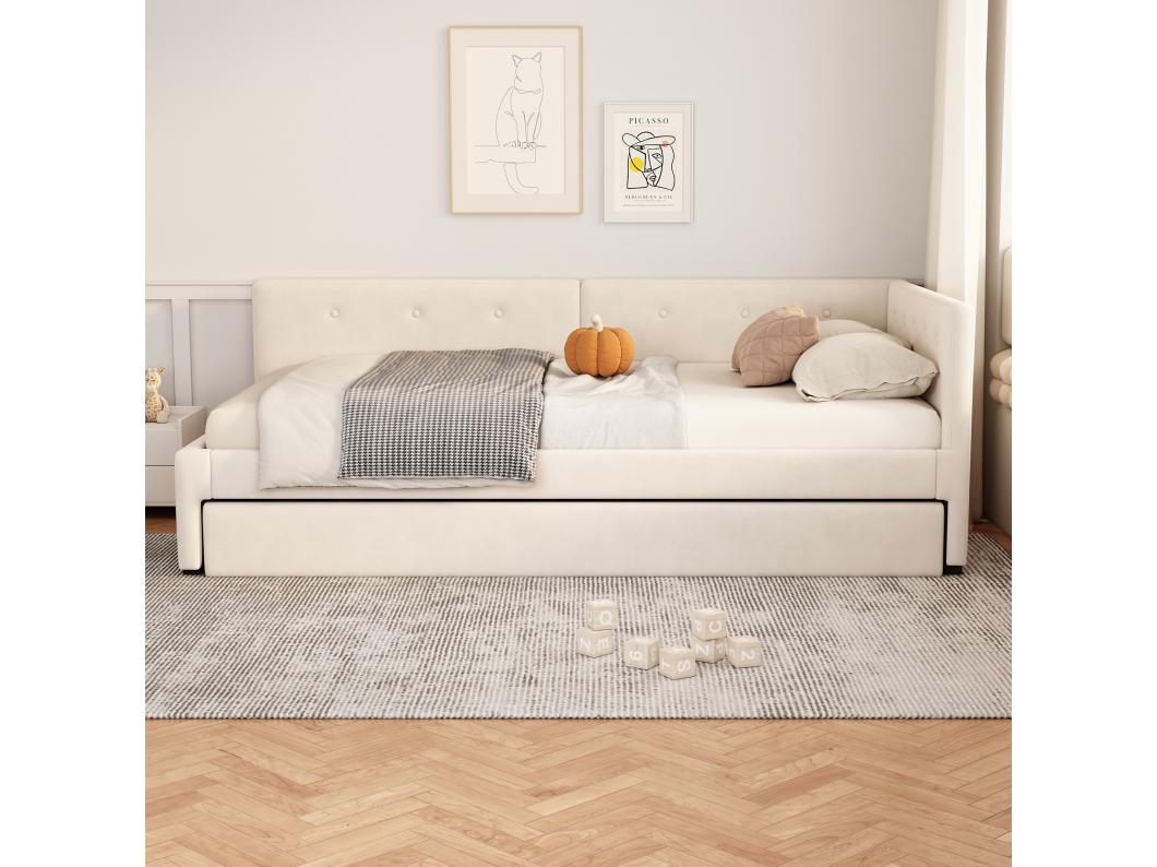 Sofá cama tapizado en terciopelo 90x200cm + cama nido 90x190cm - Beige