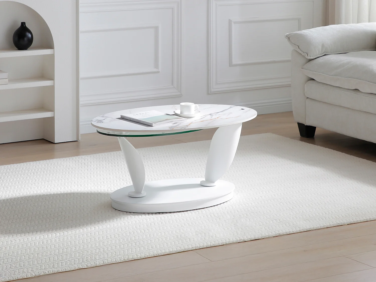 Table basse avec plateaux pivotants en céramique, verre trempé et métal - Effet marbre blanc - MANEYA de Maison Céphy