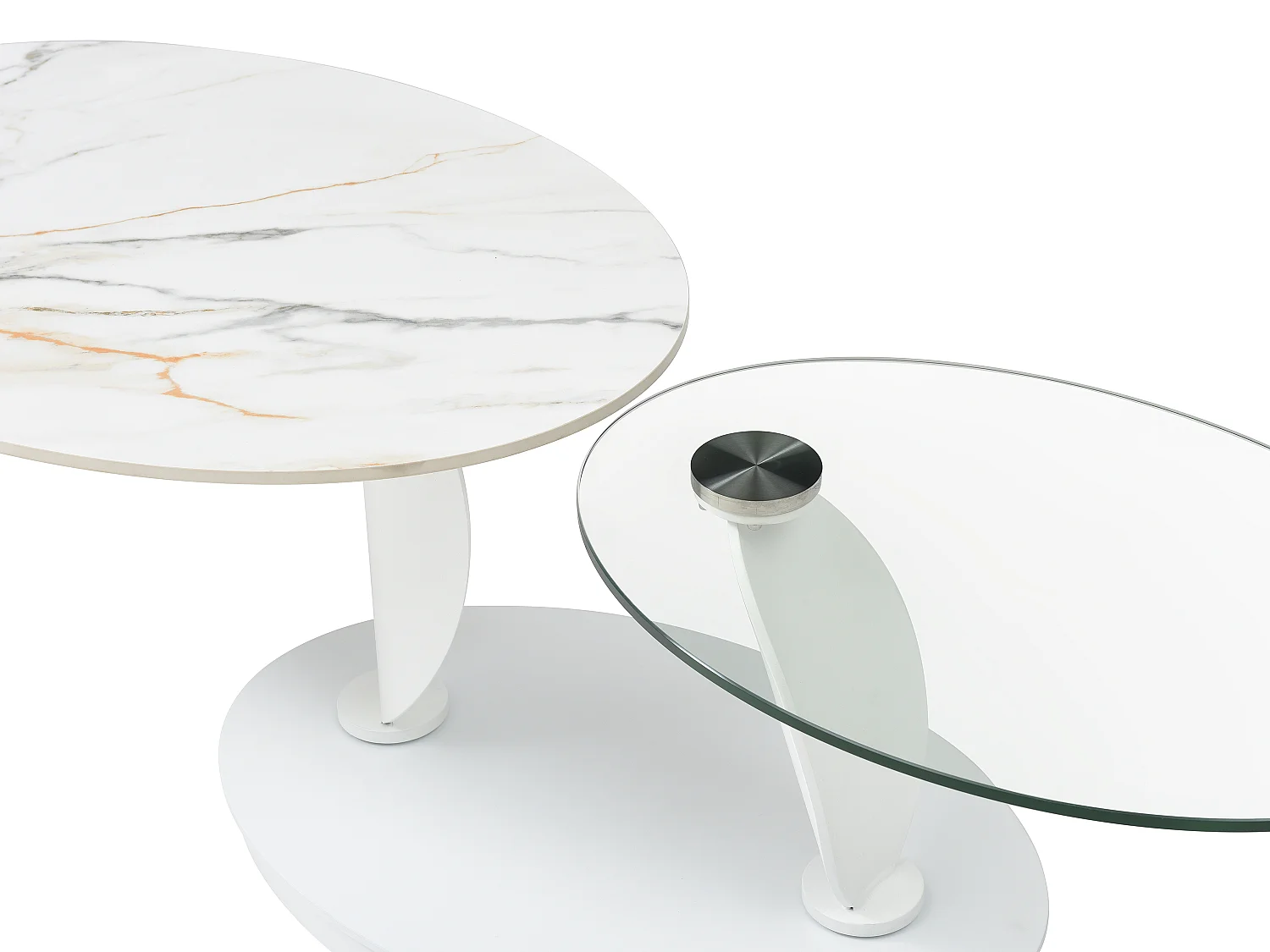Table basse avec plateaux pivotants en céramique, verre trempé et métal - Effet marbre blanc - MANEYA de Maison Céphy