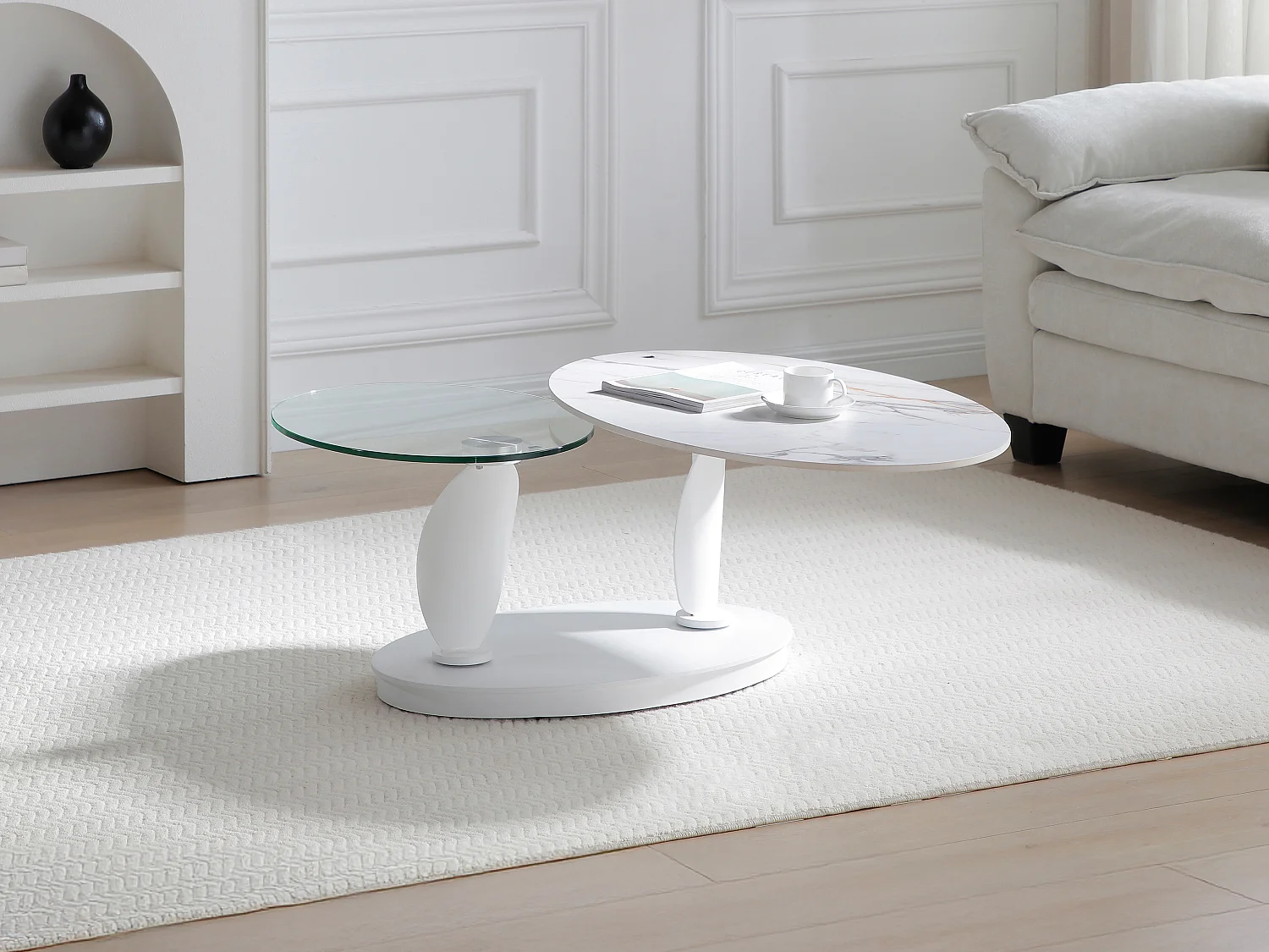 Table basse avec plateaux pivotants en céramique, verre trempé et métal - Effet marbre blanc - MANEYA de Maison Céphy