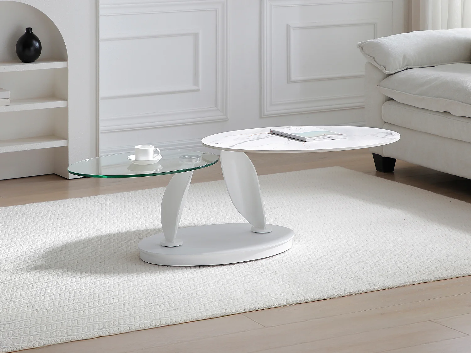 Salontafel met draaiende bladen in keramiek, gehard glas en metaal - Witte marmerlook - MANEYA van Maison Céphy