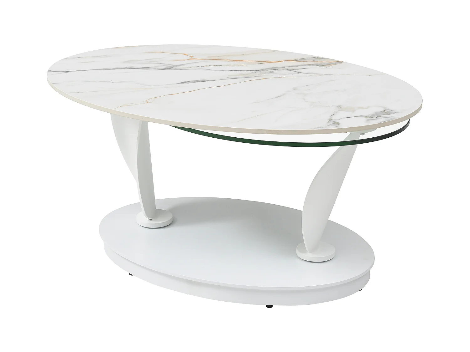 Salontafel met draaiende bladen in keramiek, gehard glas en metaal - Witte marmerlook - MANEYA van Maison Céphy