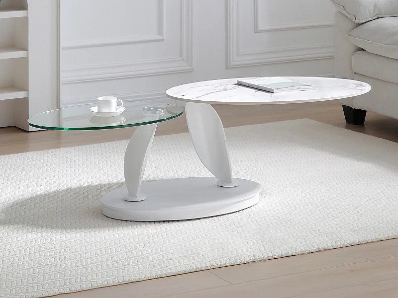 Salontafel met draaiende bladen in keramiek, gehard glas en metaal - Witte marmerlook - MANEYA van Maison Céphy