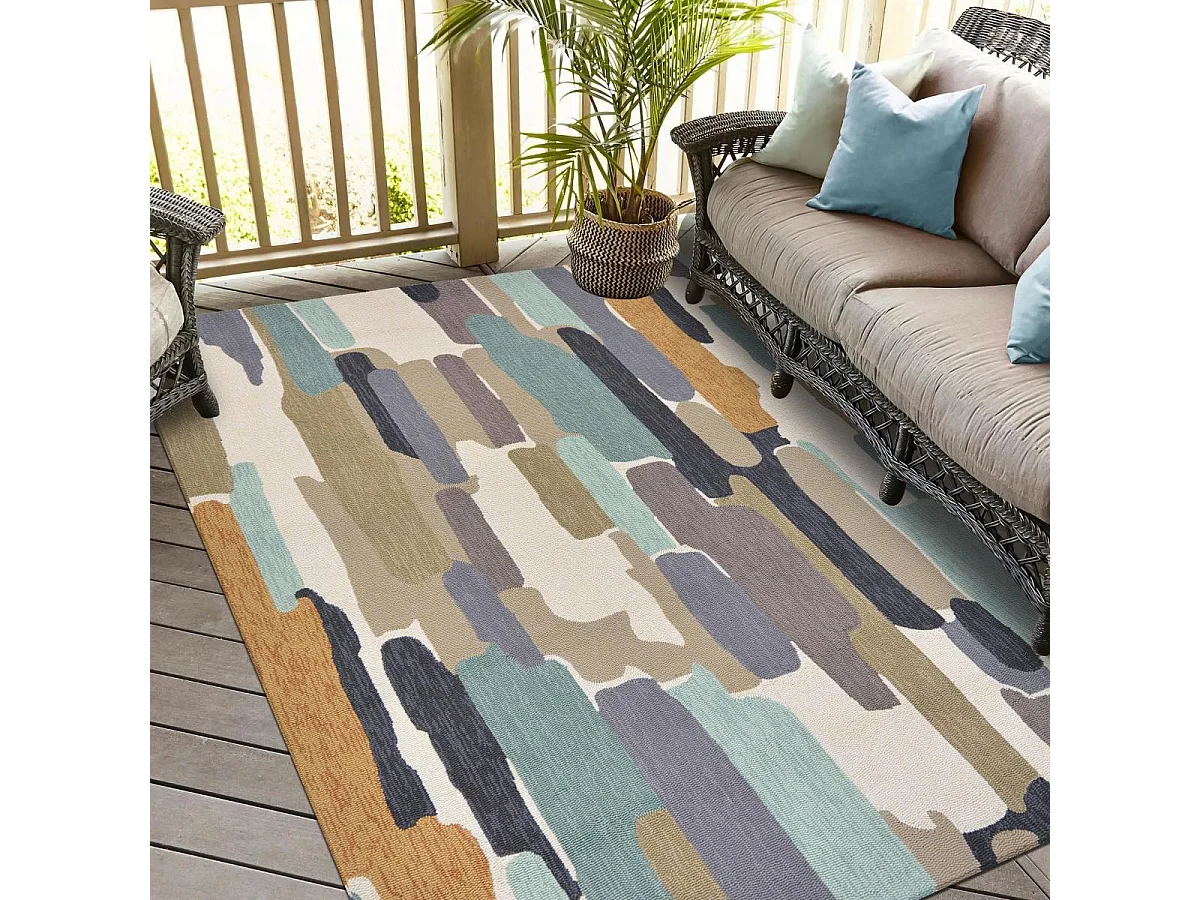 Tapis extérieur 250x350 tissé kilim bleu et beige TRATTINO