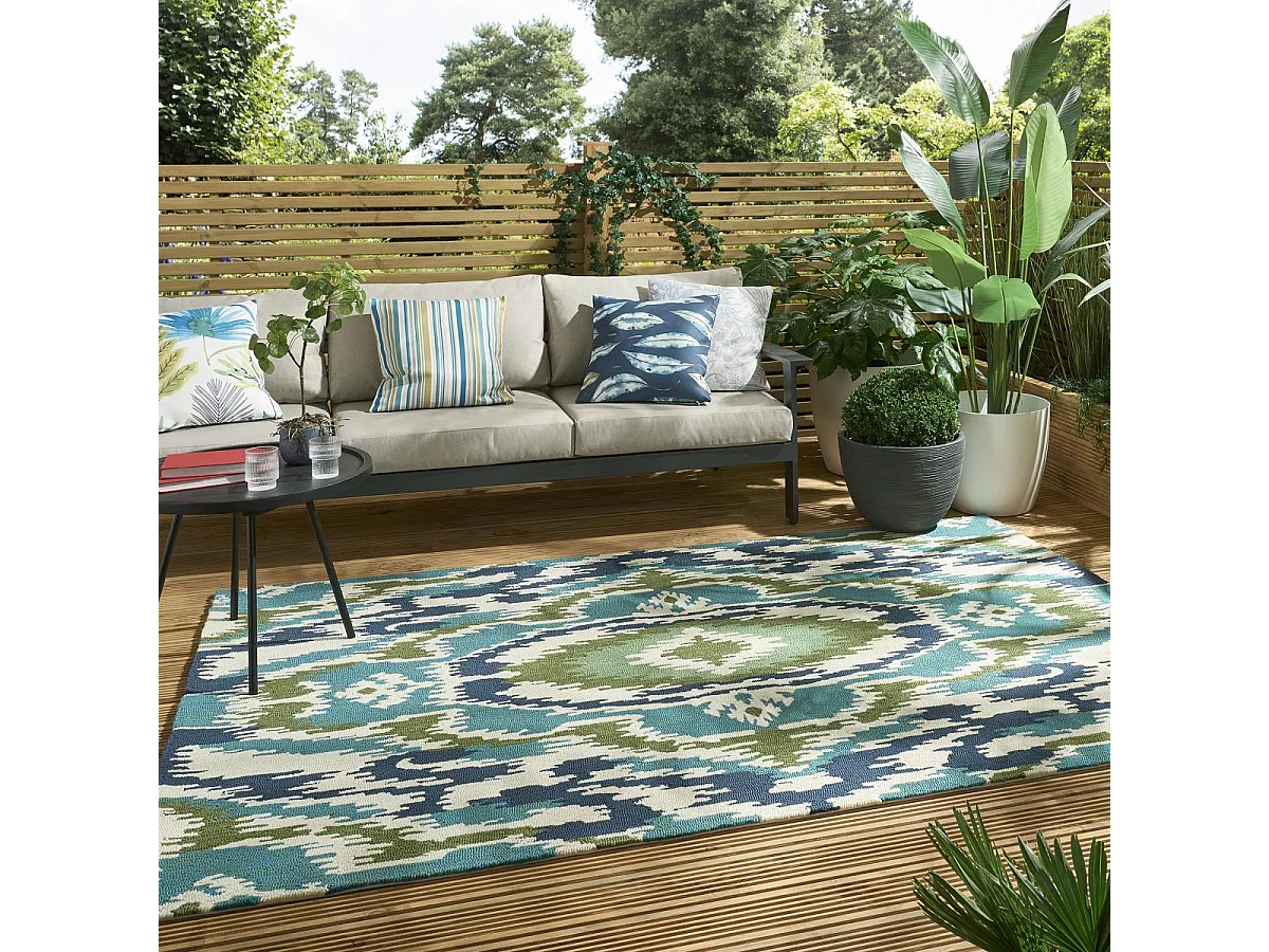 Tapis extérieur 200x280 tissé kilim vert et bleu IXORA
