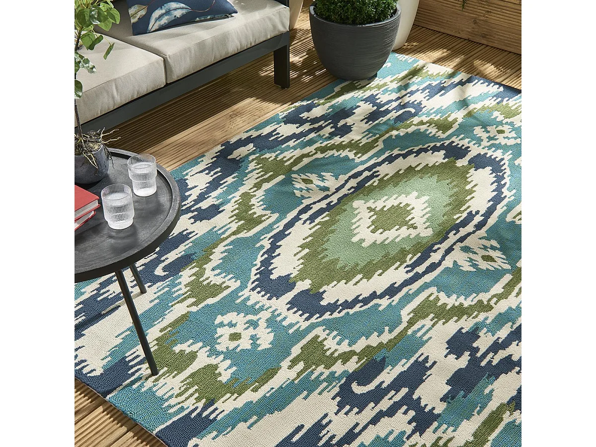 Tapis extérieur 250x350 tissé kilim vert et bleu IXORA