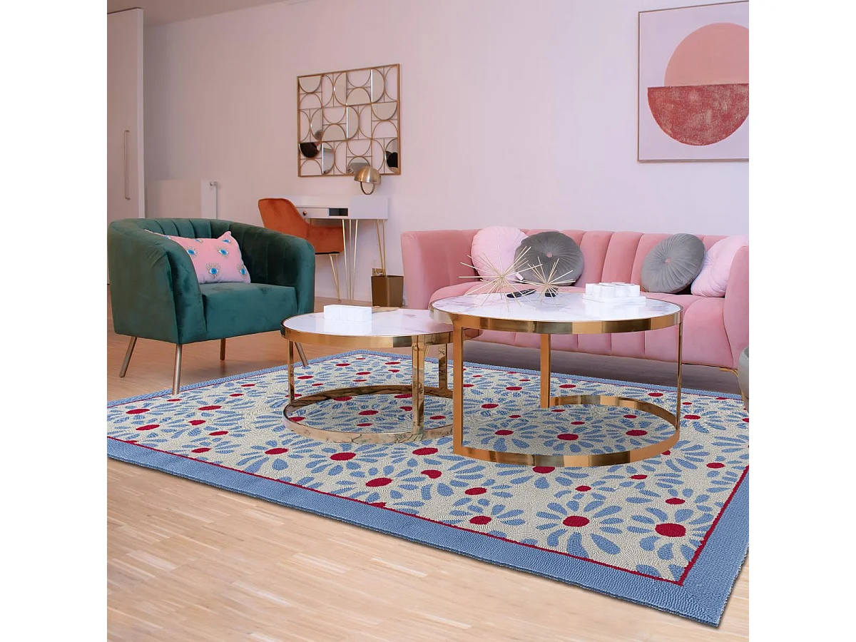 Tapis extérieur 200x280 kilim fait main bleu et rouge DAISY