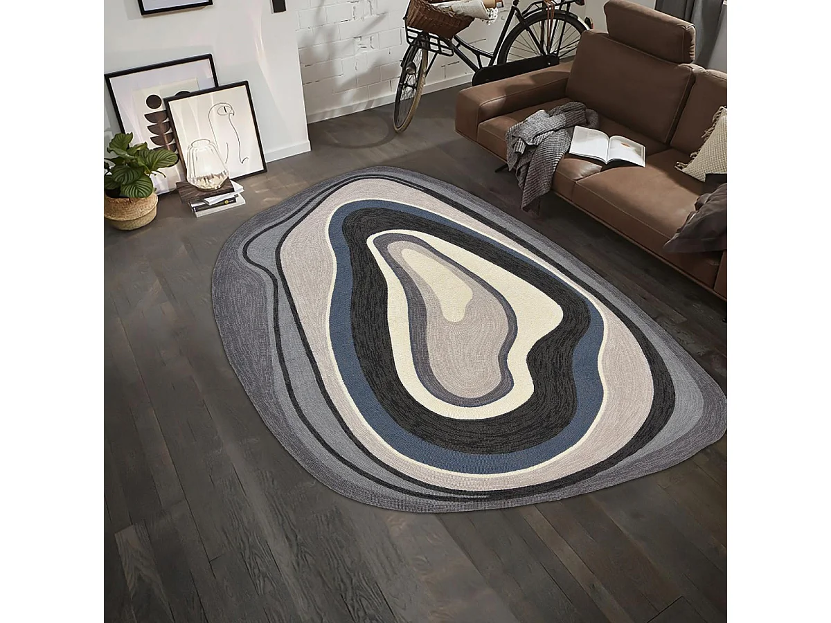 Tapis extérieur 160x230 tissé kilim noir et bleu AURA