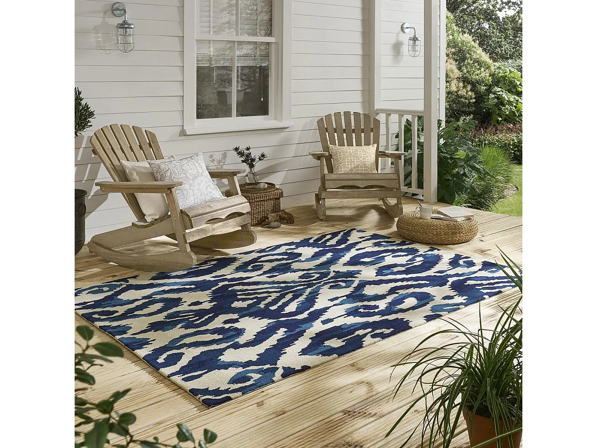 Tapis extérieur 160x230 tissé kilim bleu et beige KASURI
