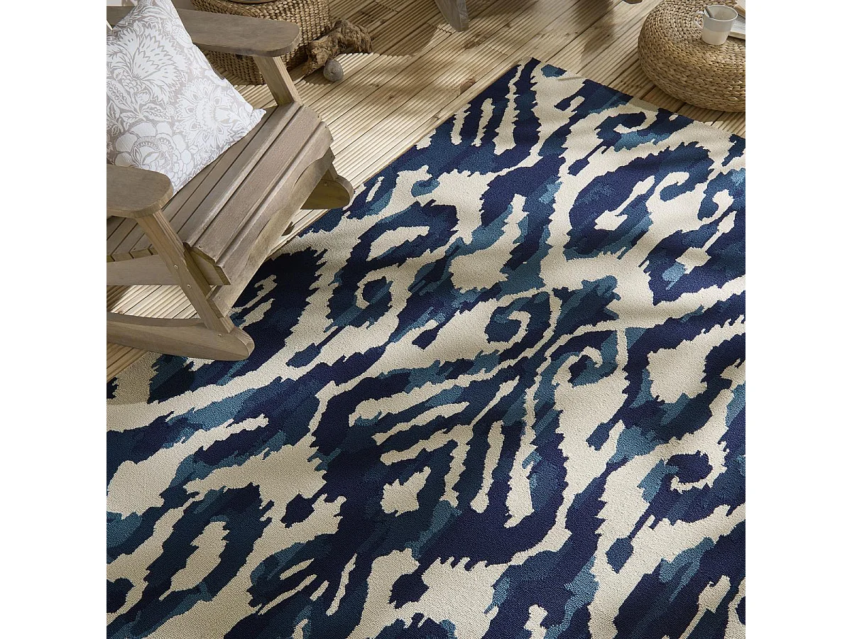 Tapis extérieur 200x280 tissé kilim bleu et beige KASURI