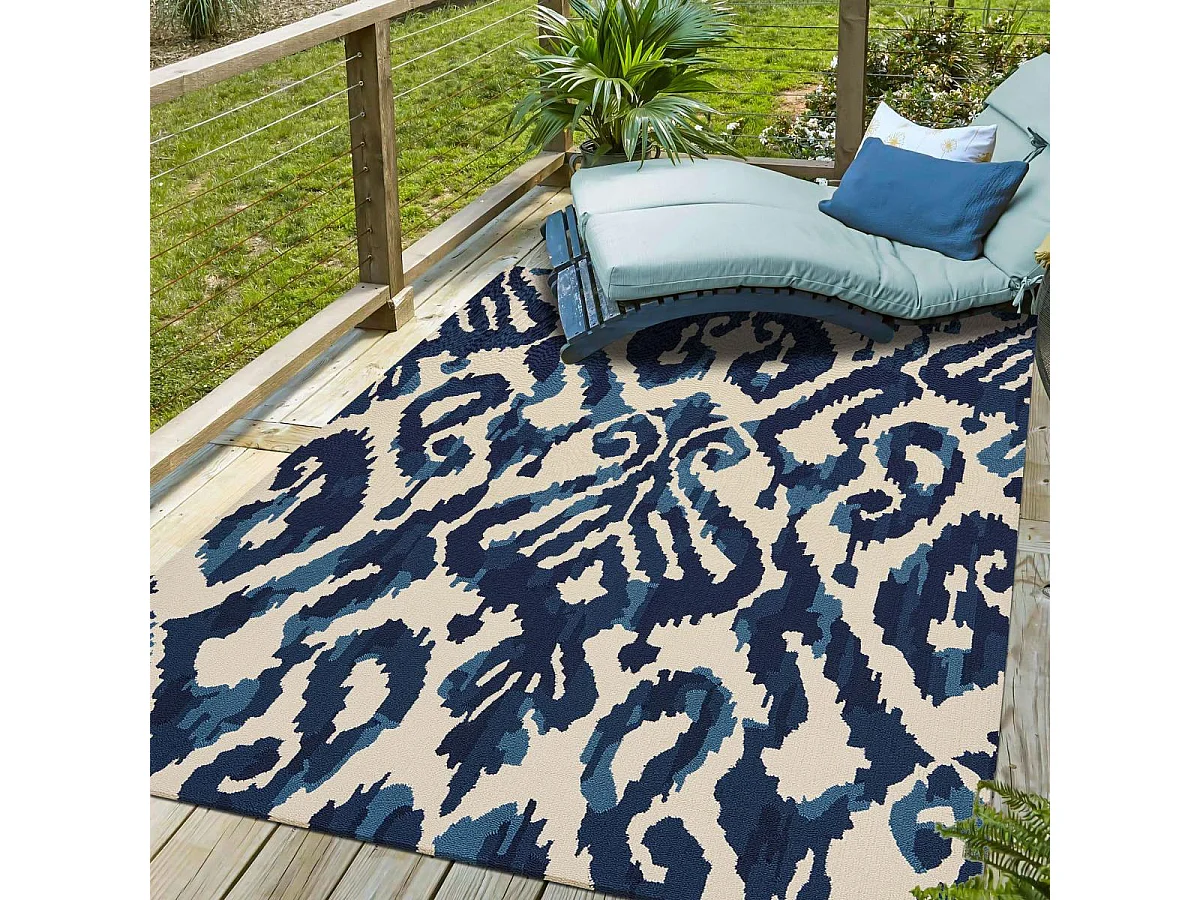Tapis extérieur 200x280 tissé kilim bleu et beige KASURI