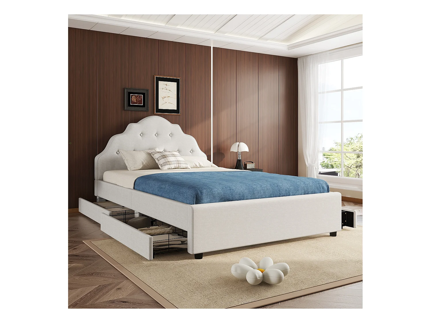 Lit capitonné 140 x 200 cm avec 4 tiroirs et tête de lit, rembourré en lin, sans matelas, beige