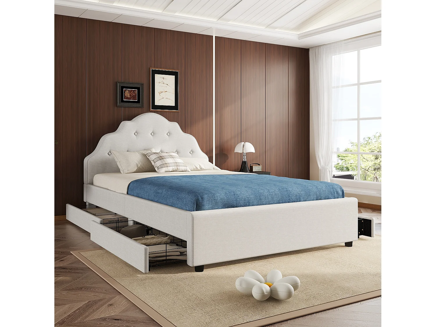 Lit capitonné 140 x 200 cm avec 4 tiroirs et tête de lit, rembourré en lin, sans matelas, beige