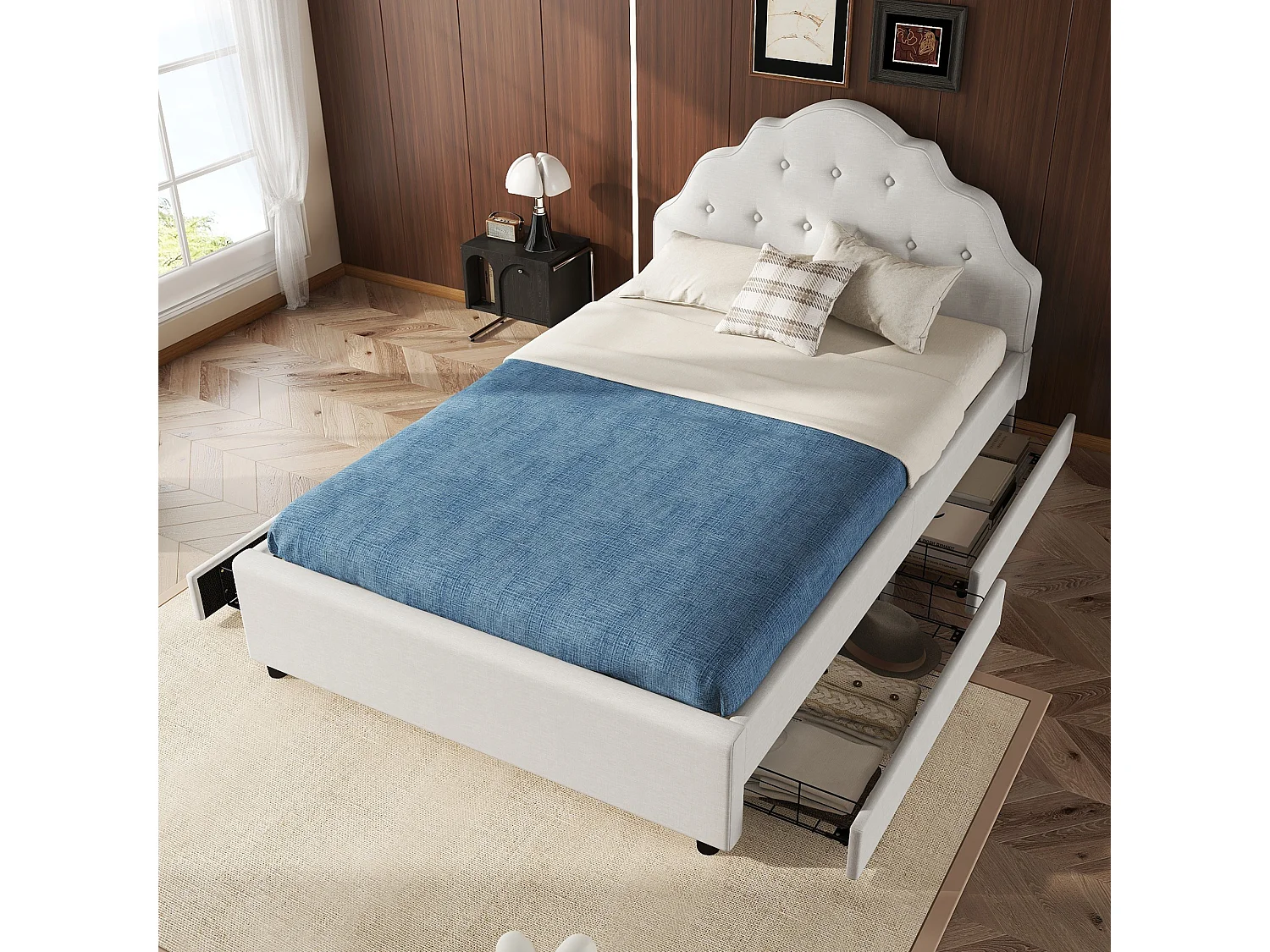 Lit capitonné 140 x 200 cm avec 4 tiroirs et tête de lit, rembourré en lin, sans matelas, beige