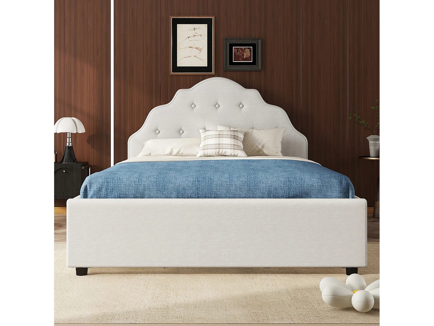 Lit capitonné 140 x 200 cm avec 4 tiroirs et tête de lit, rembourré en lin, sans matelas, beige