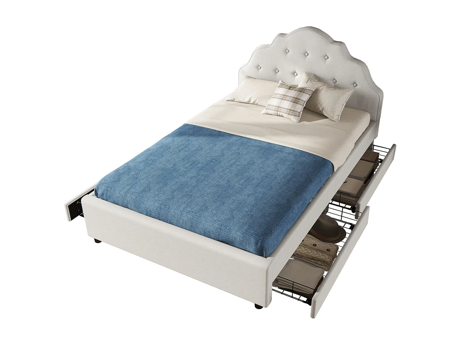 Lit capitonné 140 x 200 cm avec 4 tiroirs et tête de lit, rembourré en lin, sans matelas, beige