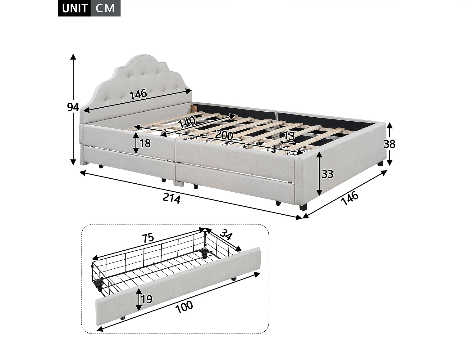 Lit capitonné 140 x 200 cm avec 4 tiroirs et tête de lit, rembourré en lin, sans matelas, beige
